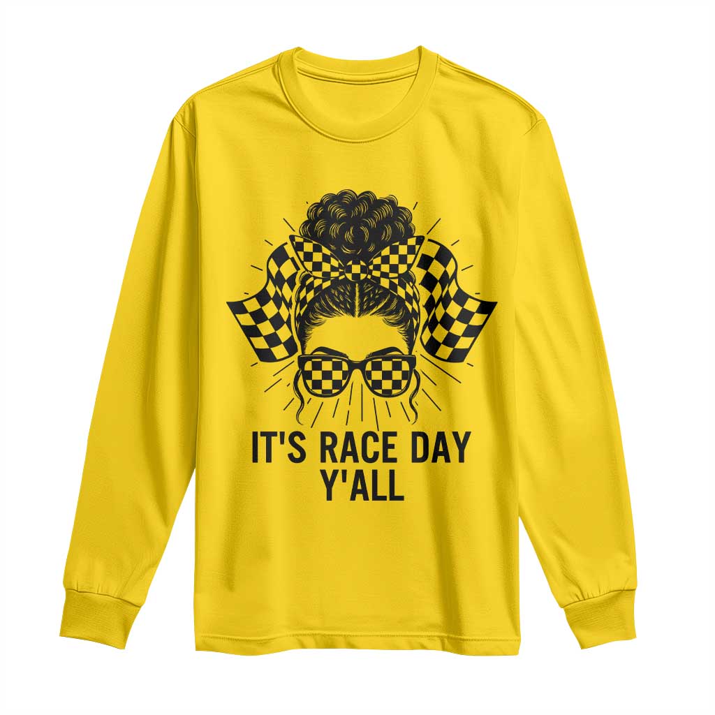 Racing Car Checkered Flag Long Sleeve Shirt Messy Bun Woman Race Day - Wonder Print Shop