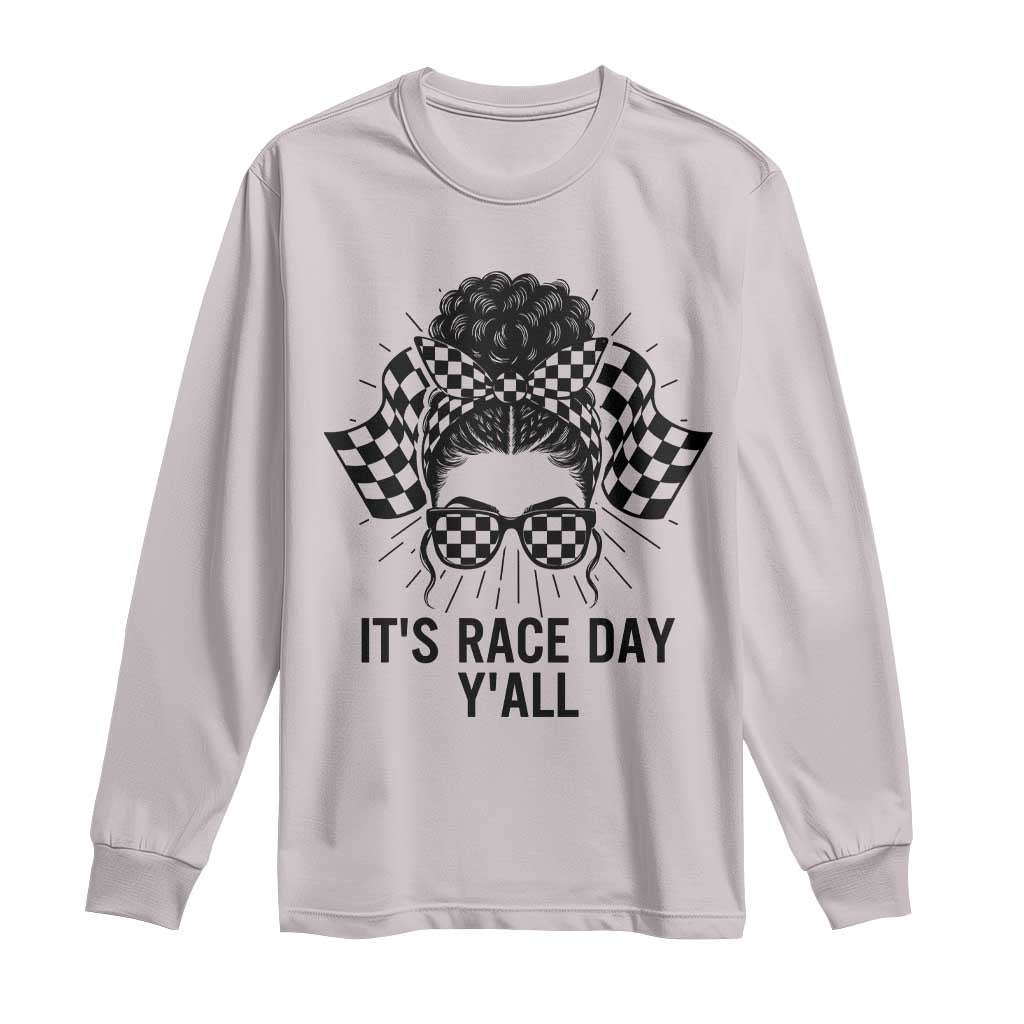 Racing Car Checkered Flag Long Sleeve Shirt Messy Bun Woman Race Day - Wonder Print Shop