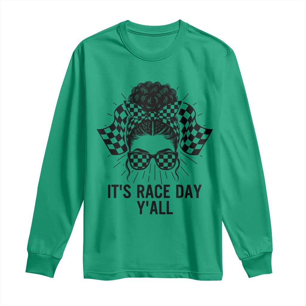 Racing Car Checkered Flag Long Sleeve Shirt Messy Bun Woman Race Day - Wonder Print Shop
