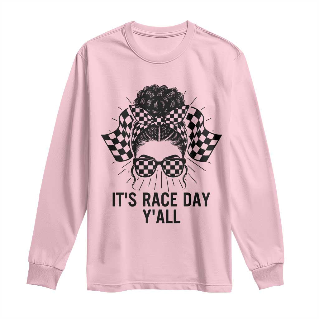 Racing Car Checkered Flag Long Sleeve Shirt Messy Bun Woman Race Day - Wonder Print Shop