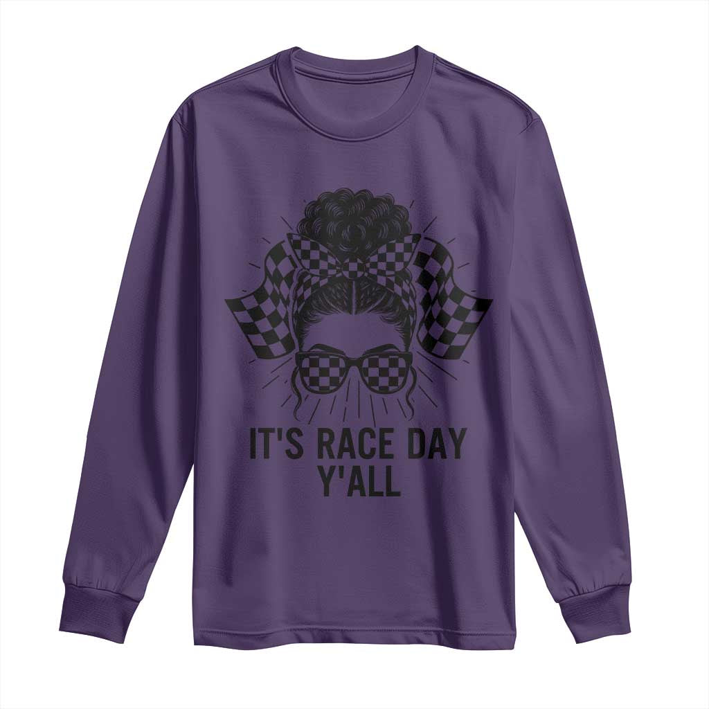 Racing Car Checkered Flag Long Sleeve Shirt Messy Bun Woman Race Day - Wonder Print Shop