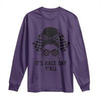 Racing Car Checkered Flag Long Sleeve Shirt Messy Bun Woman Race Day - Wonder Print Shop