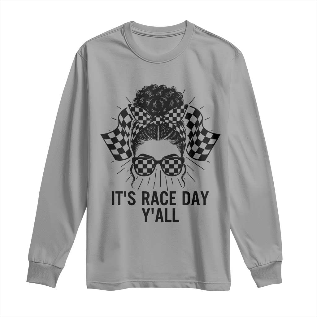 Racing Car Checkered Flag Long Sleeve Shirt Messy Bun Woman Race Day - Wonder Print Shop