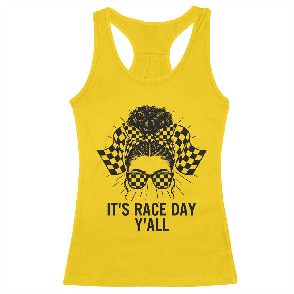 Racing Car Checkered Flag Racerback Tank Top Messy Bun Woman Race Day - Wonder Print Shop