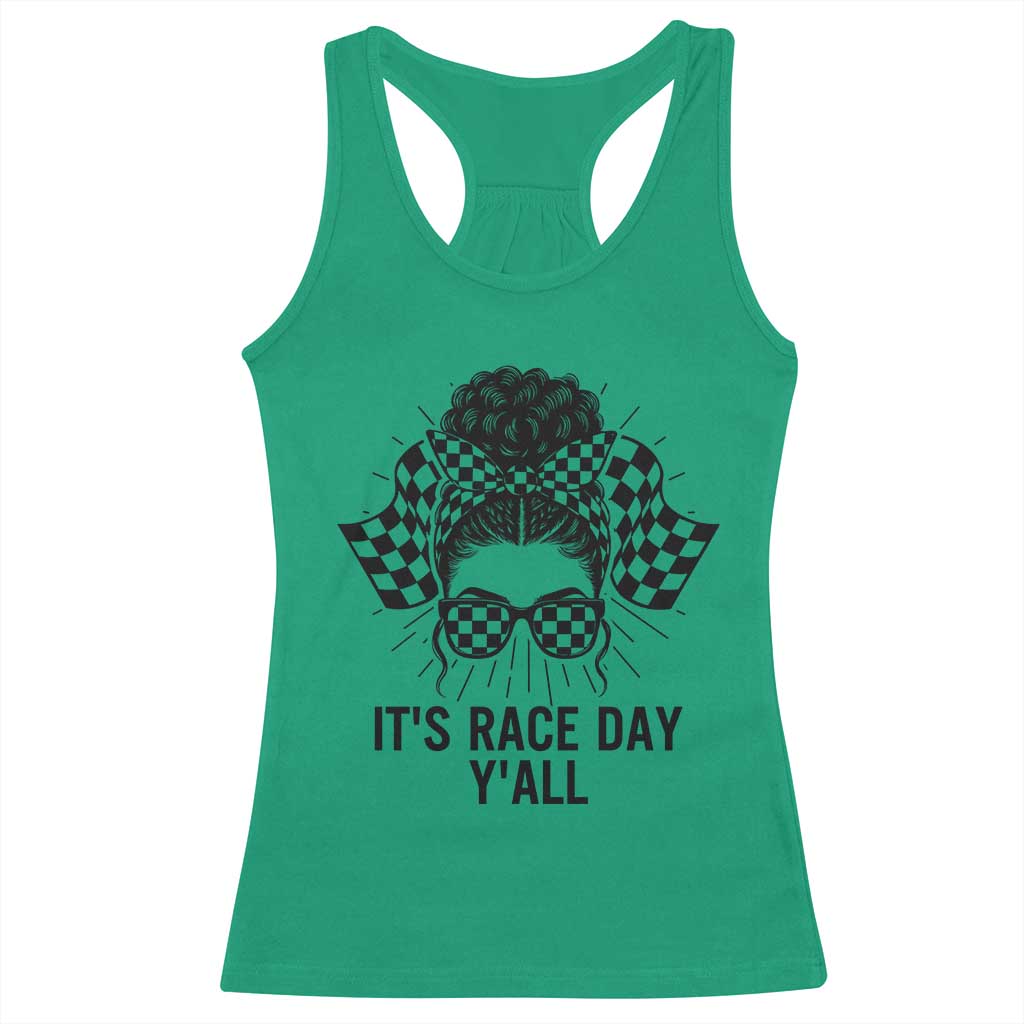 Racing Car Checkered Flag Racerback Tank Top Messy Bun Woman Race Day - Wonder Print Shop