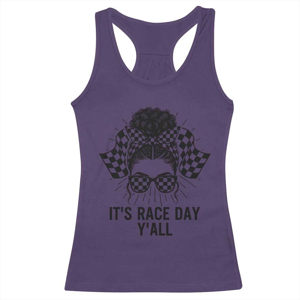 Racing Car Checkered Flag Racerback Tank Top Messy Bun Woman Race Day - Wonder Print Shop