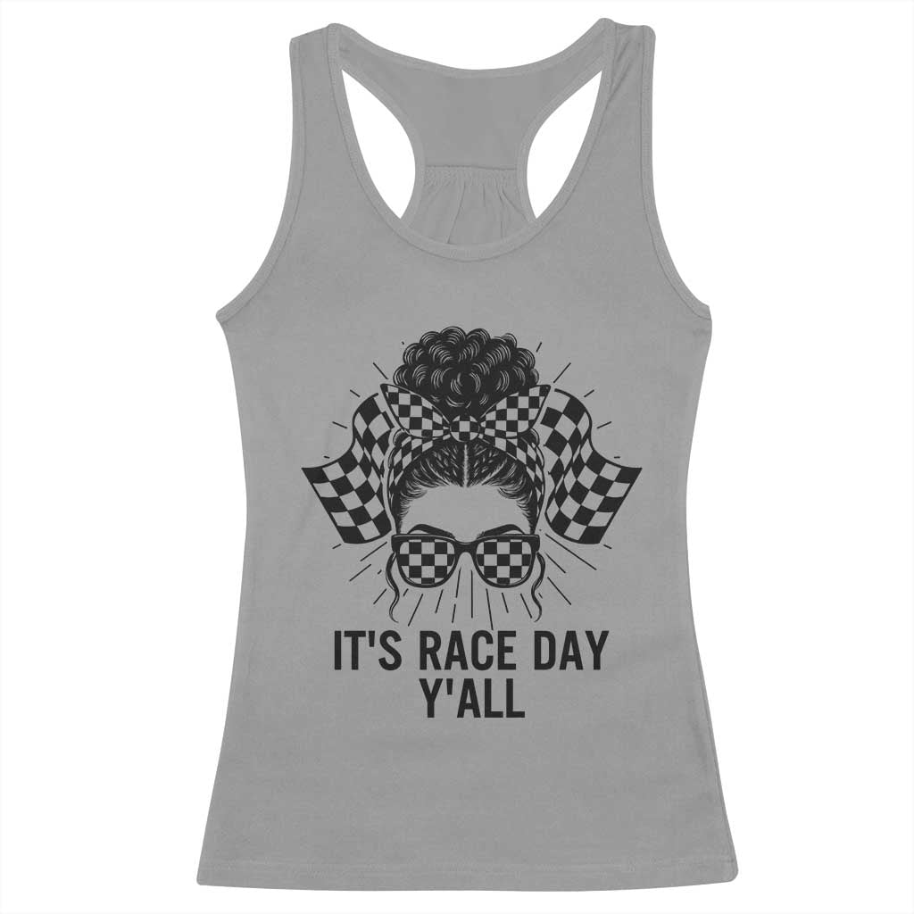 Racing Car Checkered Flag Racerback Tank Top Messy Bun Woman Race Day - Wonder Print Shop