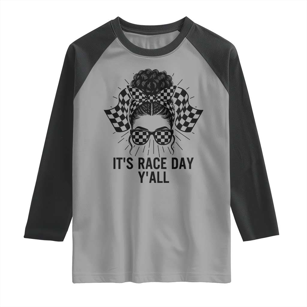 Racing Car Checkered Flag Raglan Shirt Messy Bun Woman Race Day - Wonder Print Shop