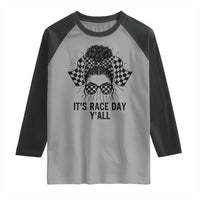 Racing Car Checkered Flag Raglan Shirt Messy Bun Woman Race Day - Wonder Print Shop