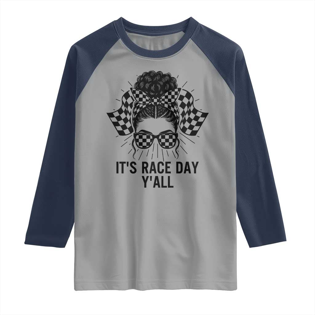 Racing Car Checkered Flag Raglan Shirt Messy Bun Woman Race Day - Wonder Print Shop