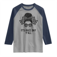 Racing Car Checkered Flag Raglan Shirt Messy Bun Woman Race Day - Wonder Print Shop