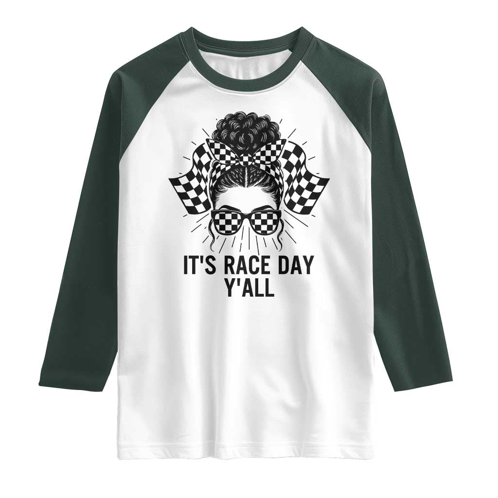 Racing Car Checkered Flag Raglan Shirt Messy Bun Woman Race Day - Wonder Print Shop