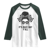 Racing Car Checkered Flag Raglan Shirt Messy Bun Woman Race Day - Wonder Print Shop