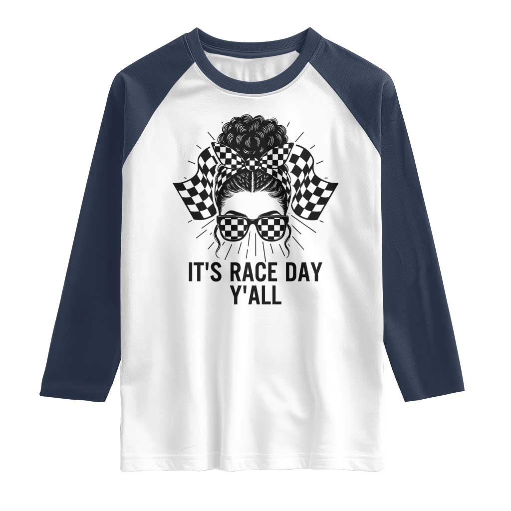Racing Car Checkered Flag Raglan Shirt Messy Bun Woman Race Day - Wonder Print Shop
