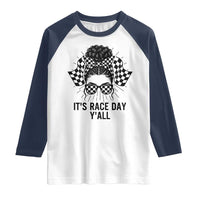 Racing Car Checkered Flag Raglan Shirt Messy Bun Woman Race Day - Wonder Print Shop