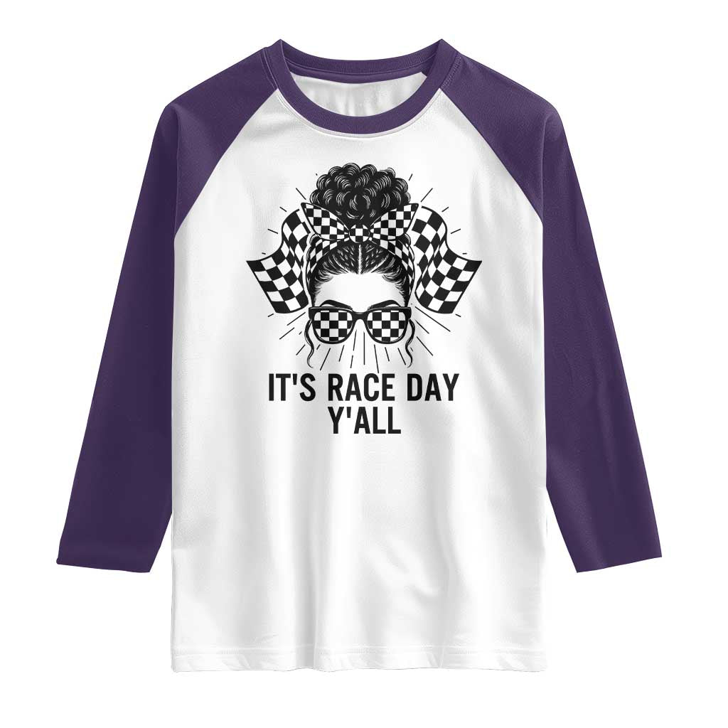 Racing Car Checkered Flag Raglan Shirt Messy Bun Woman Race Day - Wonder Print Shop