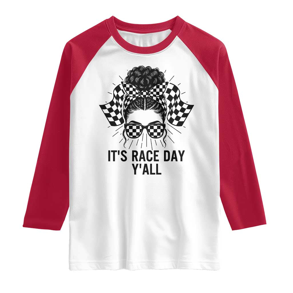 Racing Car Checkered Flag Raglan Shirt Messy Bun Woman Race Day - Wonder Print Shop