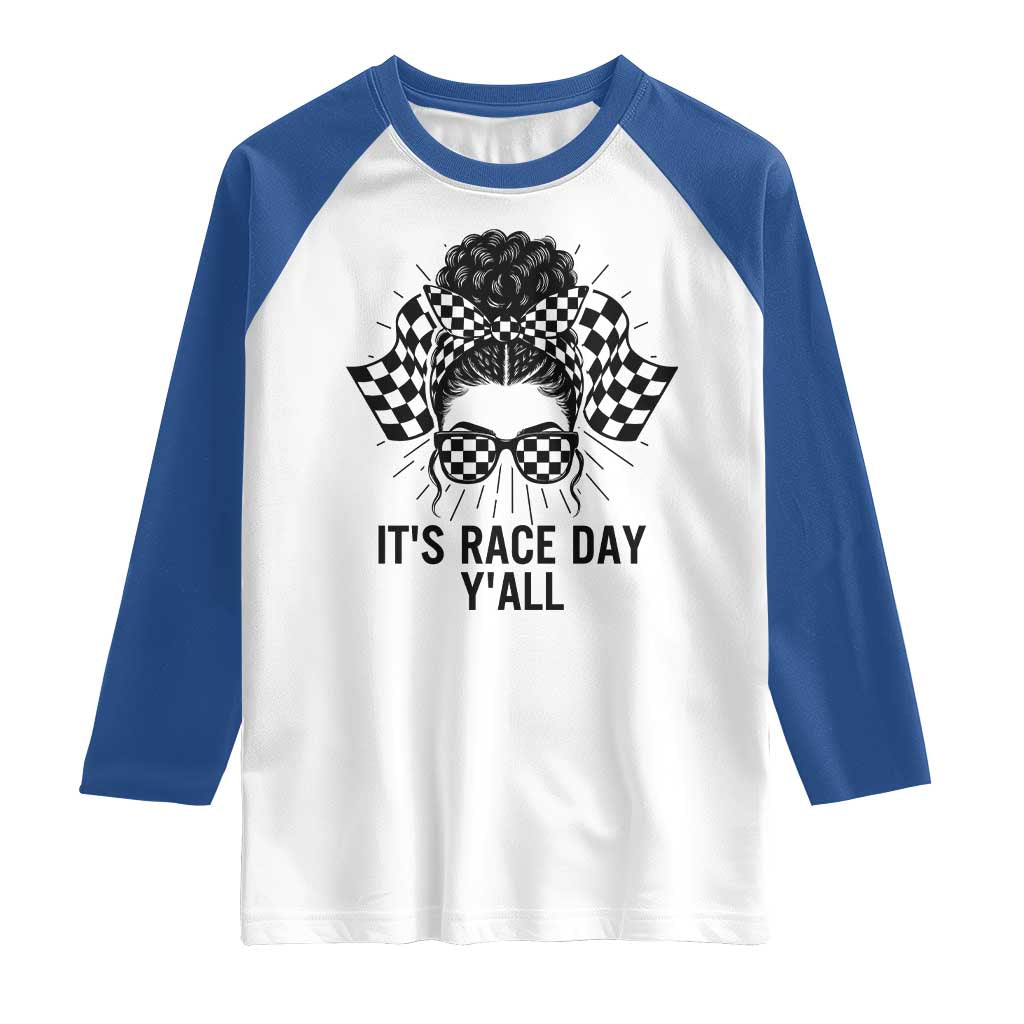 Racing Car Checkered Flag Raglan Shirt Messy Bun Woman Race Day - Wonder Print Shop