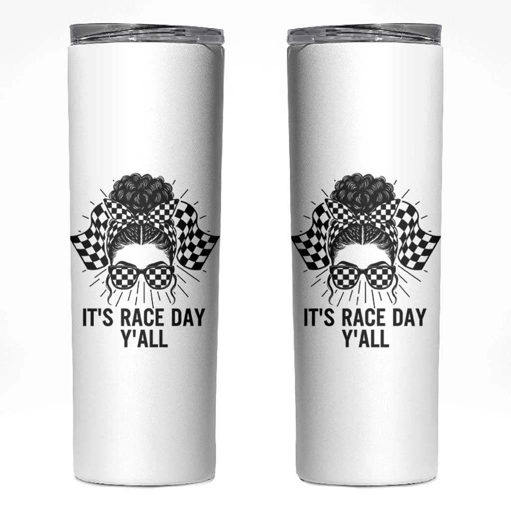 Racing Car Checkered Flag Skinny Tumbler Messy Bun Woman Race Day