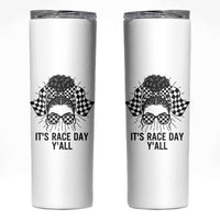 Racing Car Checkered Flag Skinny Tumbler Messy Bun Woman Race Day