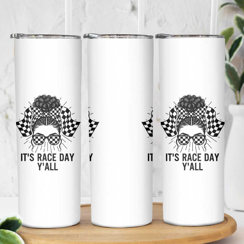 Racing Car Checkered Flag Skinny Tumbler Messy Bun Woman Race Day