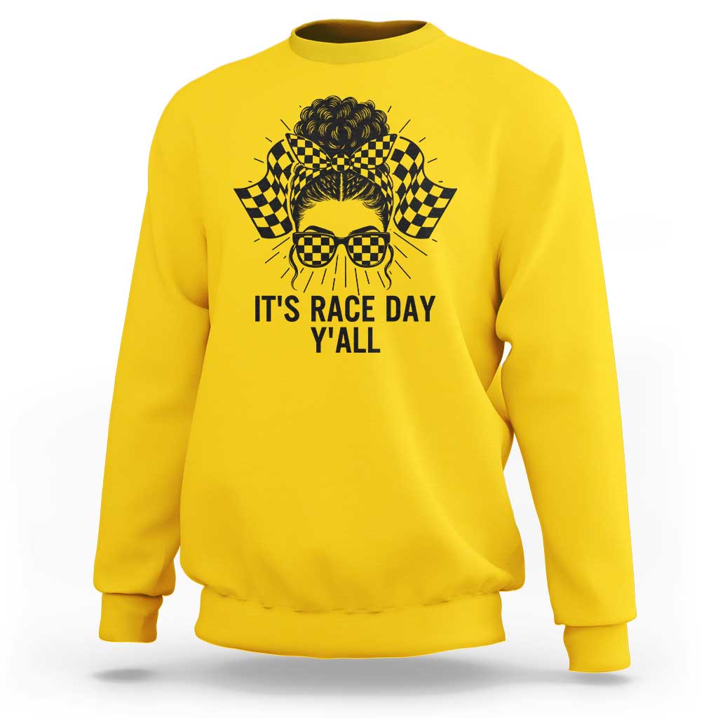 Racing Car Checkered Flag Sweatshirt Messy Bun Woman Race Day - Wonder Print Shop