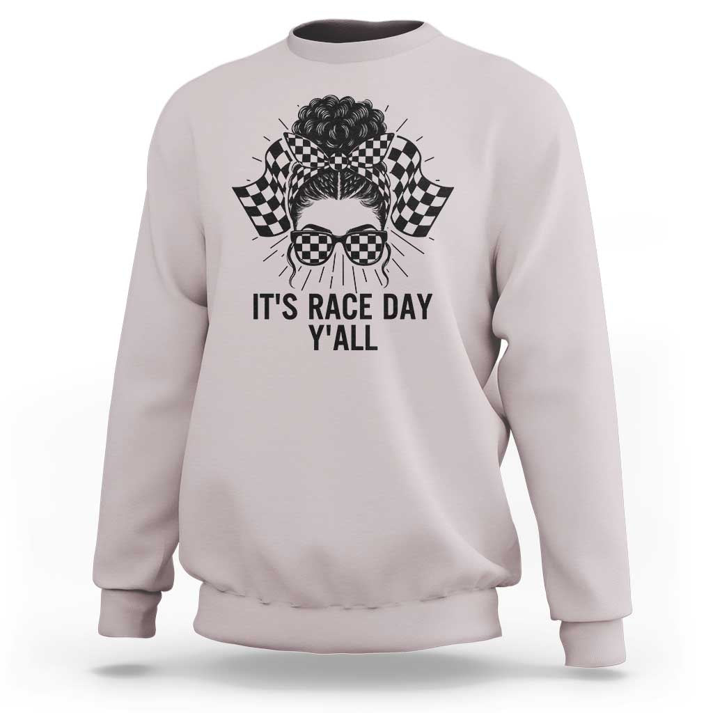 Racing Car Checkered Flag Sweatshirt Messy Bun Woman Race Day - Wonder Print Shop