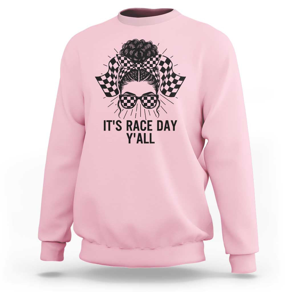 Racing Car Checkered Flag Sweatshirt Messy Bun Woman Race Day - Wonder Print Shop