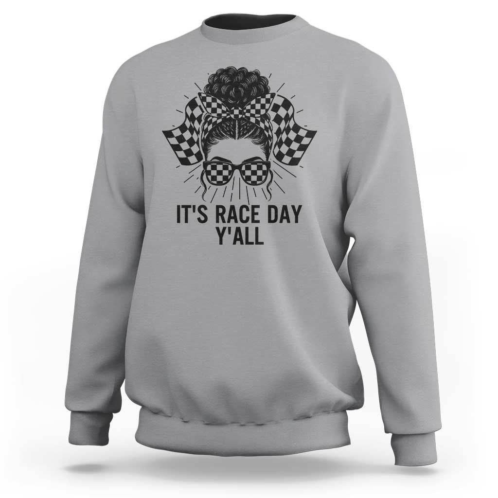 Racing Car Checkered Flag Sweatshirt Messy Bun Woman Race Day - Wonder Print Shop