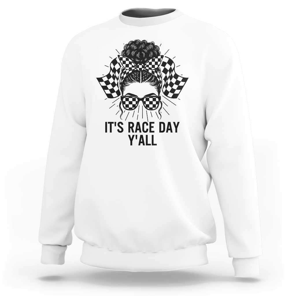 Racing Car Checkered Flag Sweatshirt Messy Bun Woman Race Day - Wonder Print Shop
