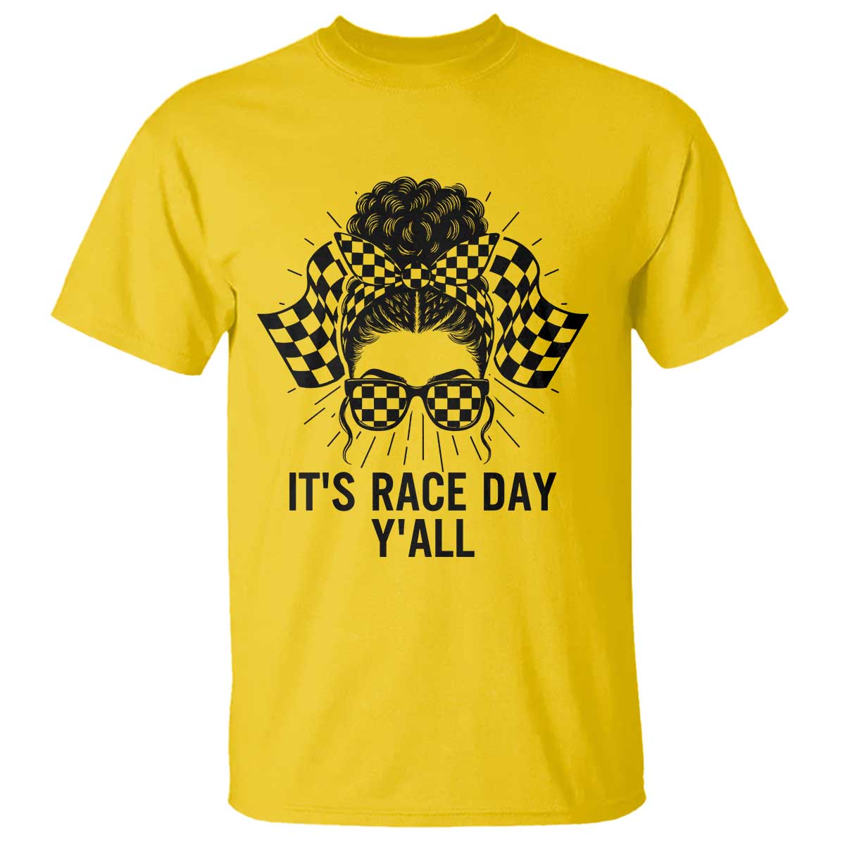Racing Car Checkered Flag T Shirt Messy Bun Woman Race Day - Wonder Print Shop