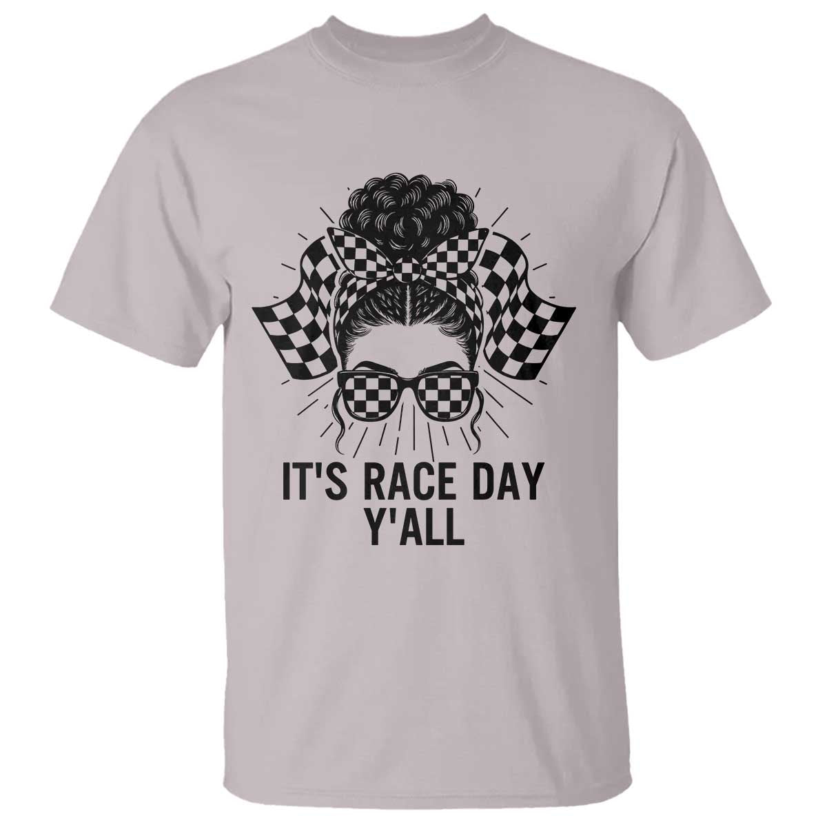 Racing Car Checkered Flag T Shirt Messy Bun Woman Race Day - Wonder Print Shop