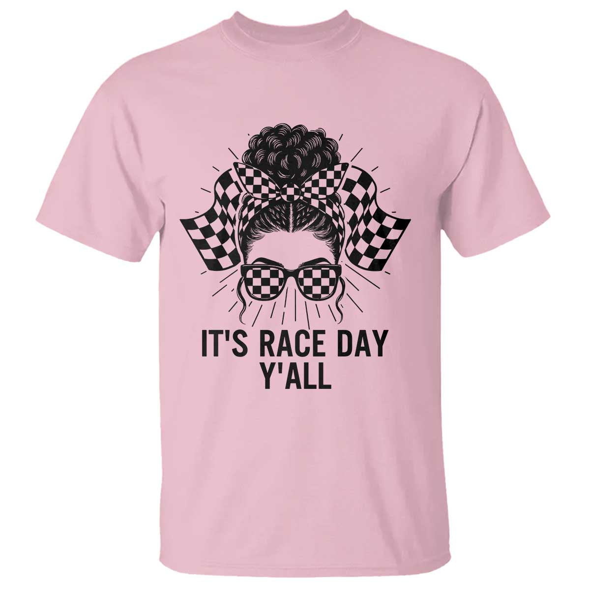 Racing Car Checkered Flag T Shirt Messy Bun Woman Race Day - Wonder Print Shop