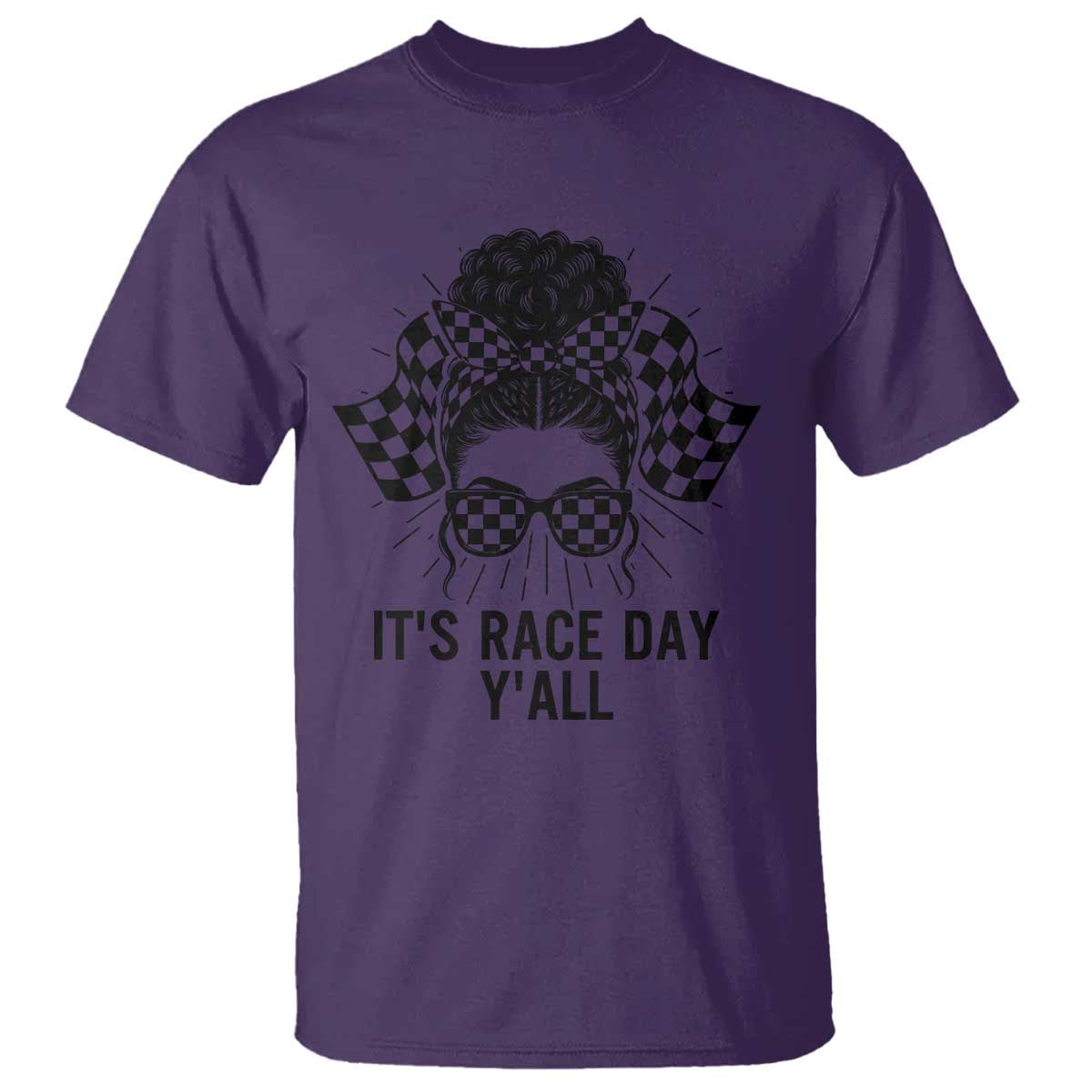 Racing Car Checkered Flag T Shirt Messy Bun Woman Race Day - Wonder Print Shop