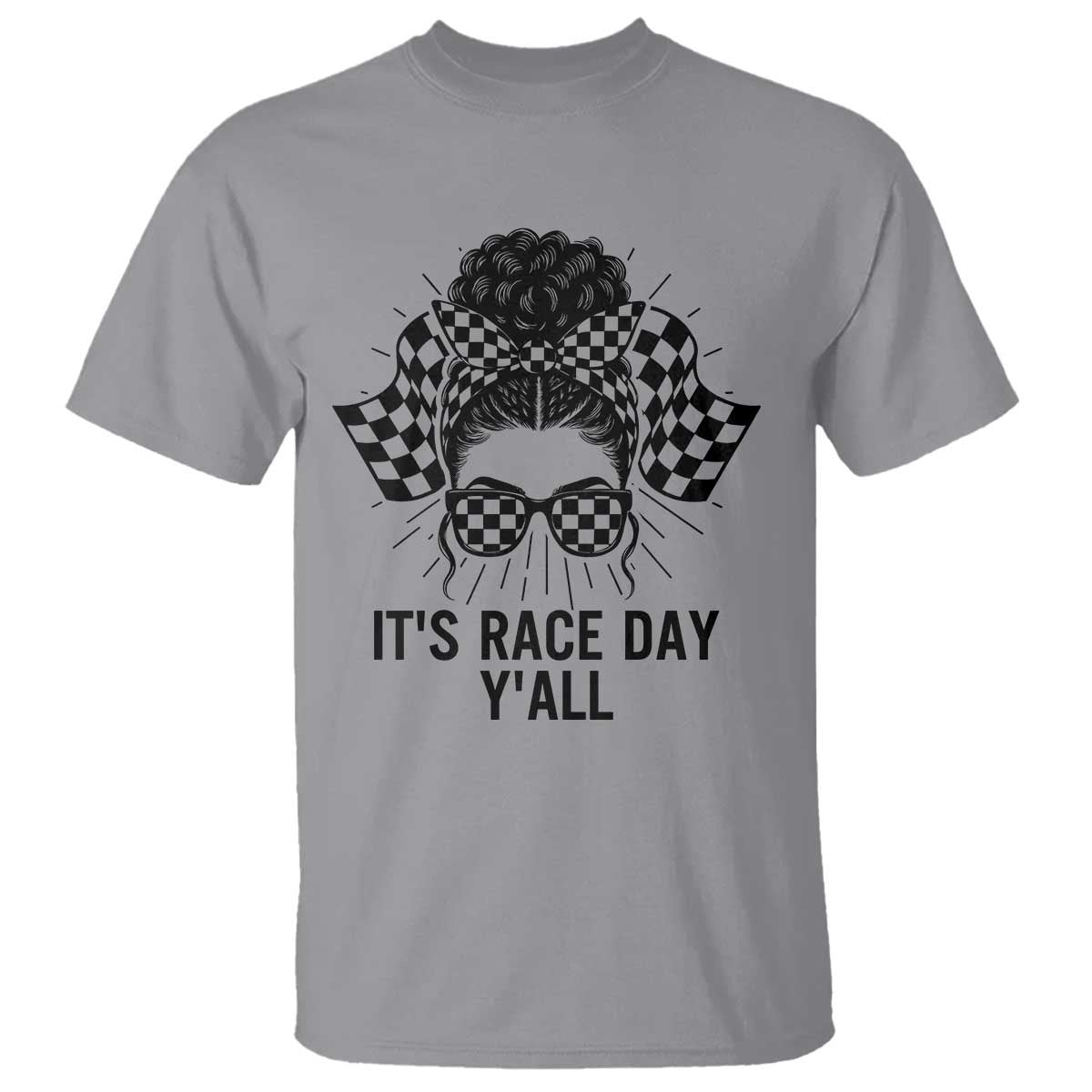 Racing Car Checkered Flag T Shirt Messy Bun Woman Race Day - Wonder Print Shop