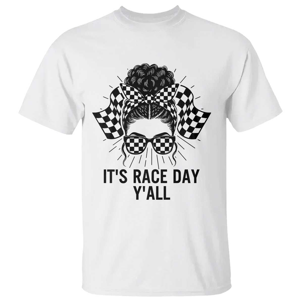 Racing Car Checkered Flag T Shirt Messy Bun Woman Race Day - Wonder Print Shop