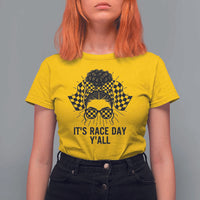 Racing Car Checkered Flag T Shirt For Women Messy Bun Woman Race Day - Wonder Print Shop