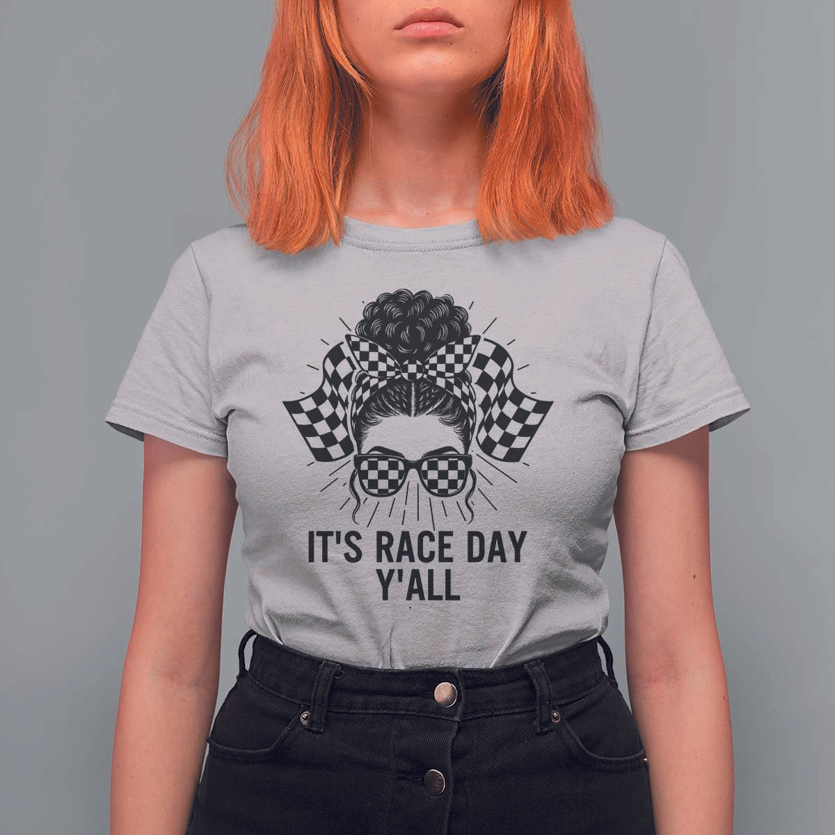 Racing Car Checkered Flag T Shirt For Women Messy Bun Woman Race Day - Wonder Print Shop