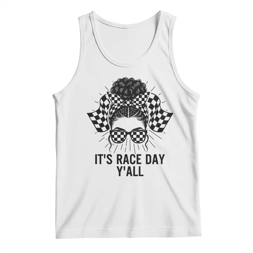Racing Car Checkered Flag Tank Top Messy Bun Woman Race Day - Wonder Print Shop