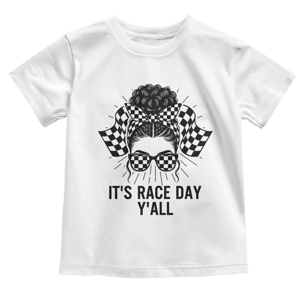 Racing Car Checkered Flag Toddler T Shirt Messy Bun Woman Race Day - Wonder Print Shop