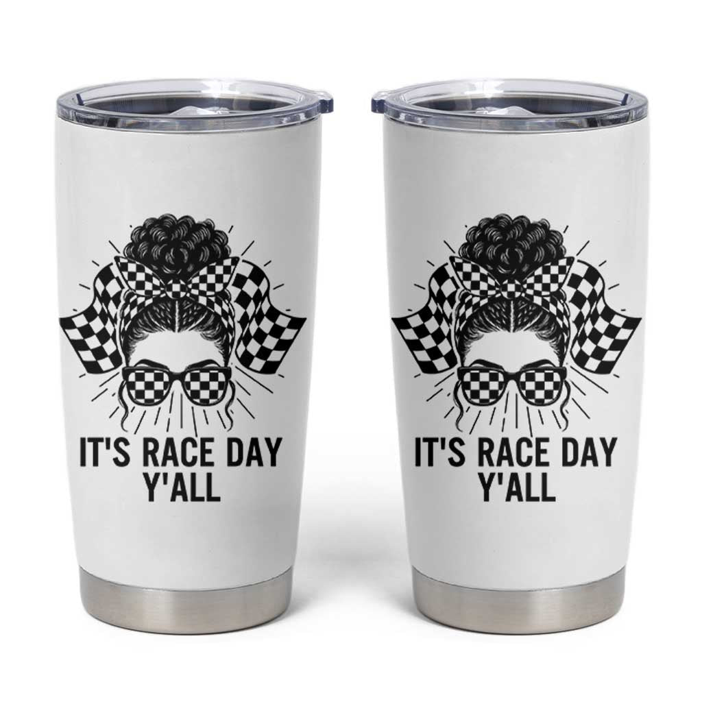 Racing Car Checkered Flag Tumbler Cup Messy Bun Woman Race Day