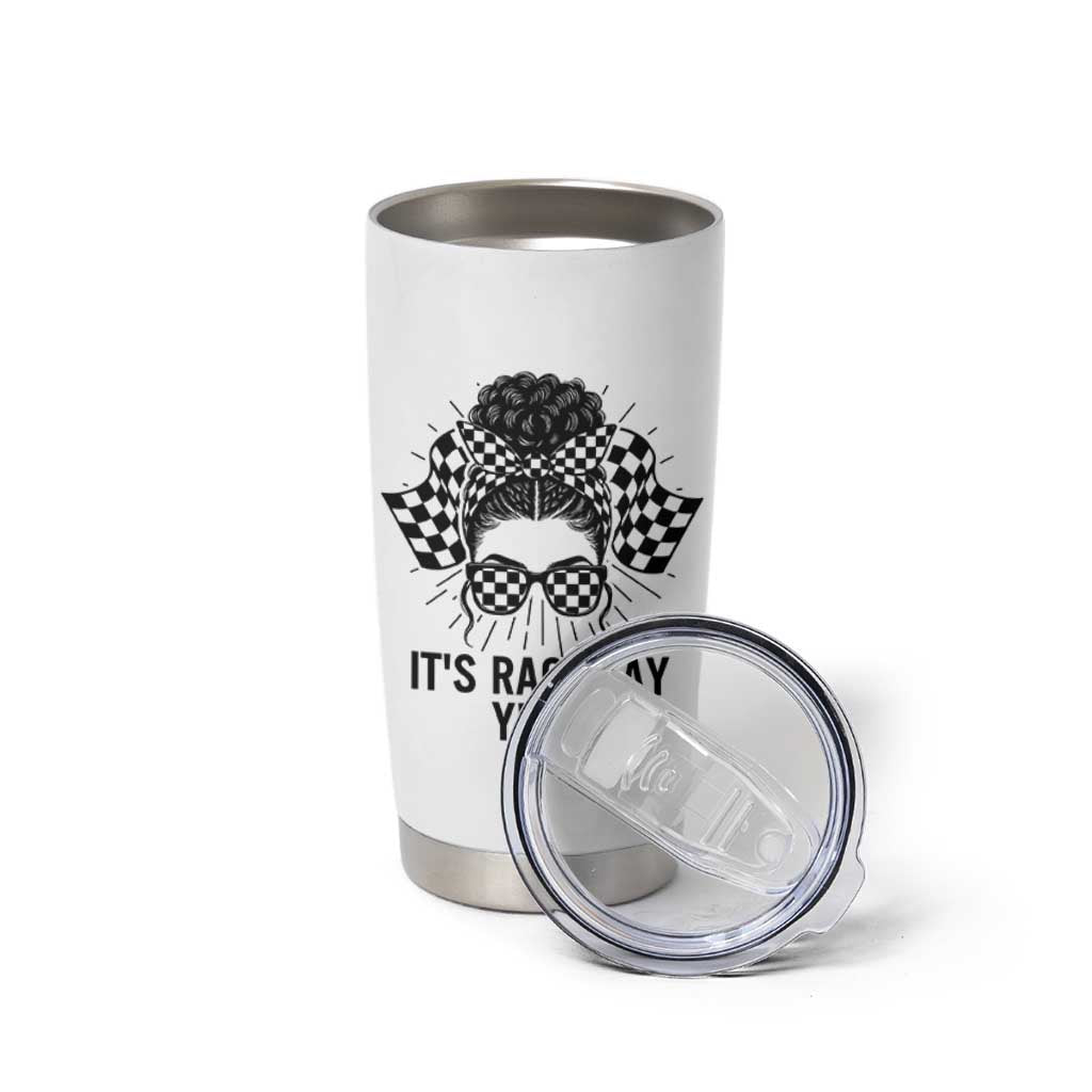 Racing Car Checkered Flag Tumbler Cup Messy Bun Woman Race Day