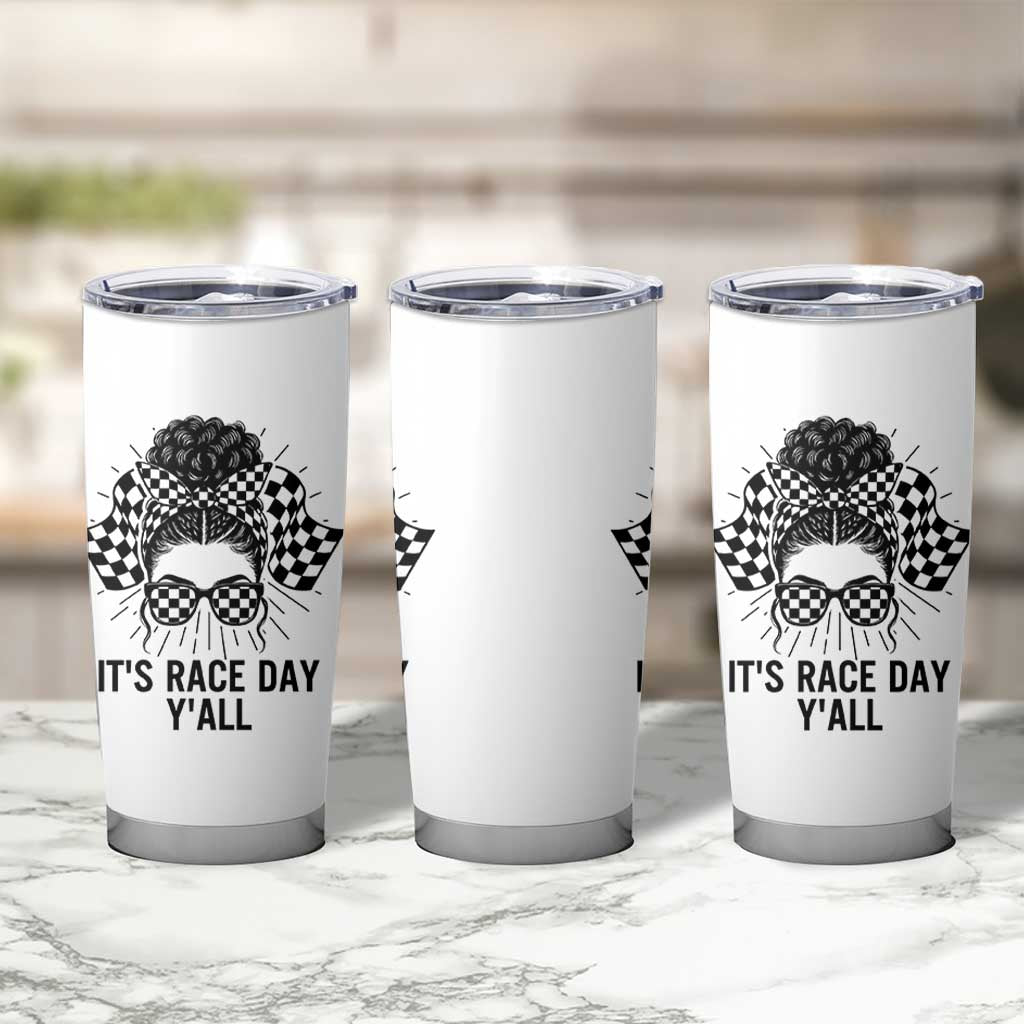 Racing Car Checkered Flag Tumbler Cup Messy Bun Woman Race Day