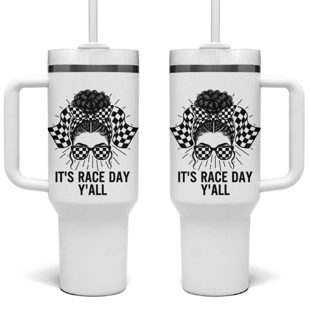 Racing Car Checkered Flag Tumbler With Handle Messy Bun Woman Race Day