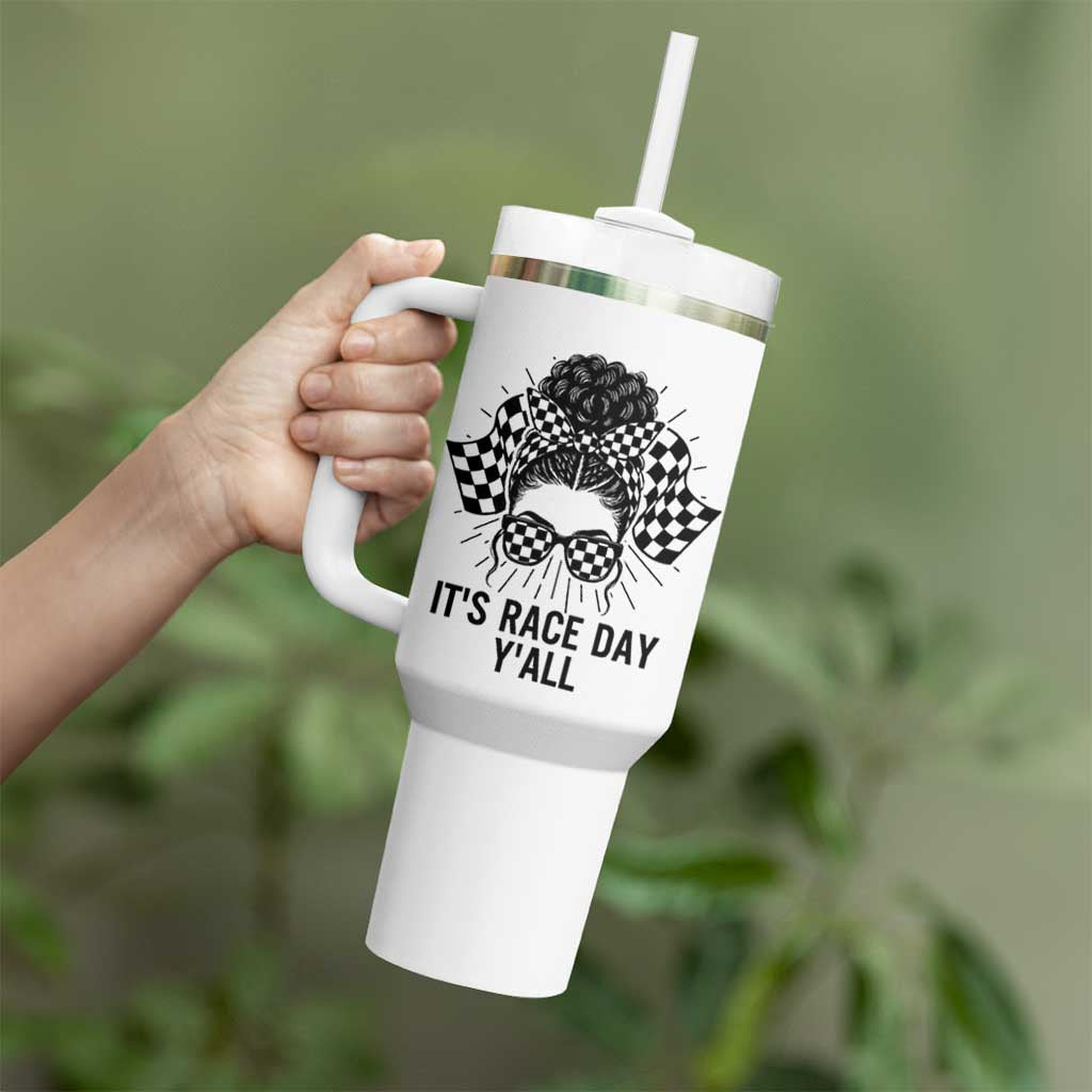 Racing Car Checkered Flag Tumbler With Handle Messy Bun Woman Race Day