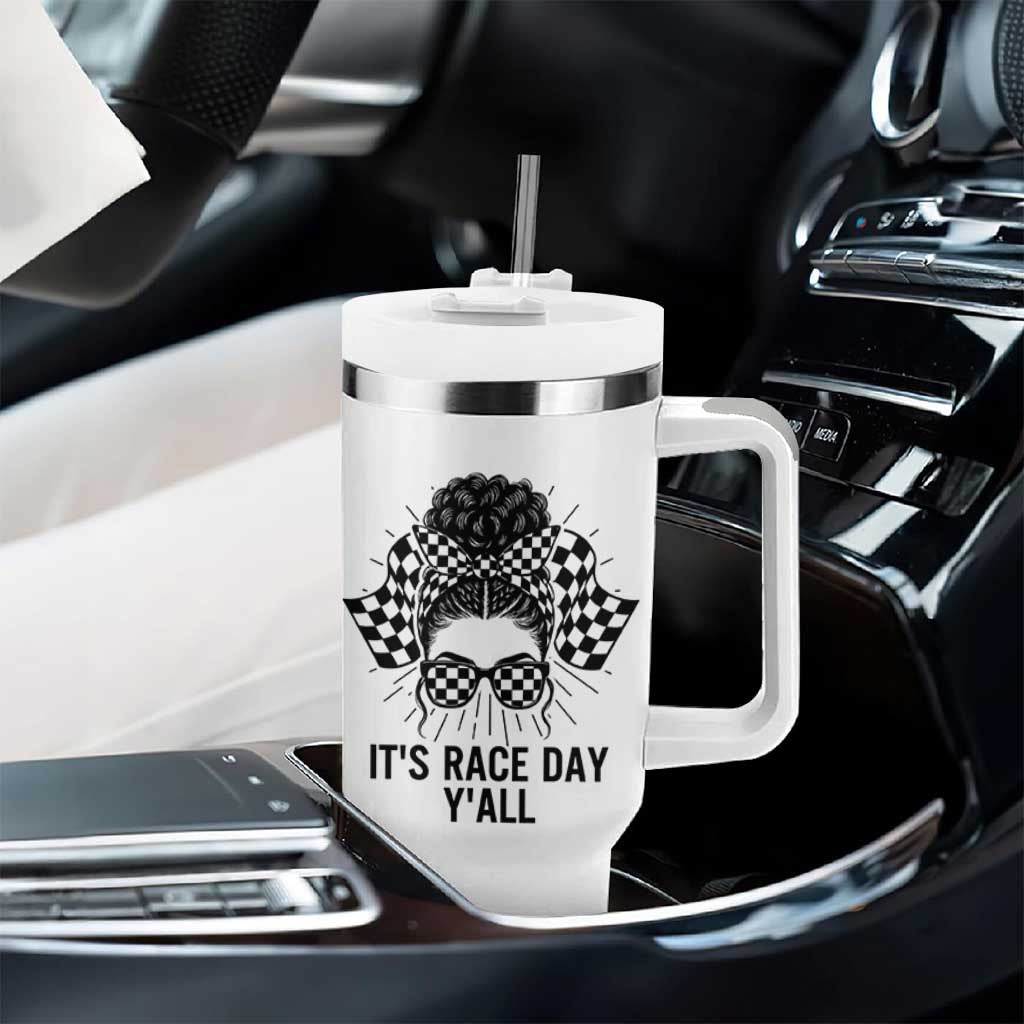 Racing Car Checkered Flag Tumbler With Handle Messy Bun Woman Race Day