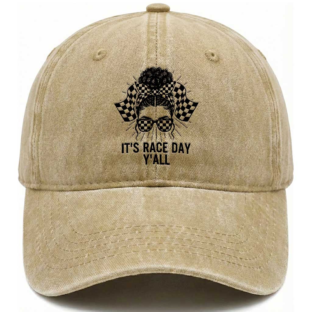 Racing Car Checkered Flag Washed Cotton Baseball Cap Messy Bun Woman Race Day