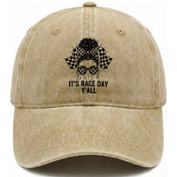 Racing Car Checkered Flag Washed Cotton Baseball Cap Messy Bun Woman Race Day