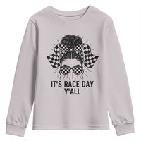 Racing Car Checkered Flag Youth Sweatshirt Messy Bun Woman Race Day - Wonder Print Shop