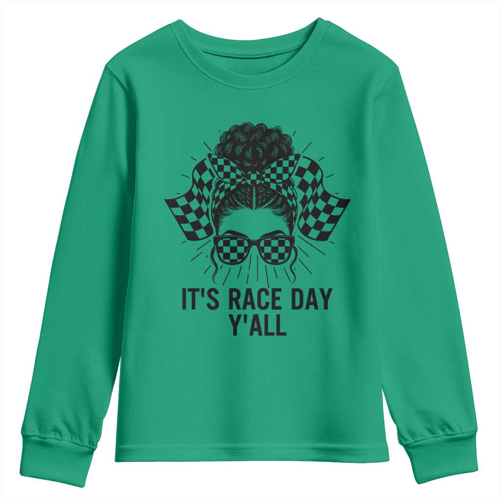 Racing Car Checkered Flag Youth Sweatshirt Messy Bun Woman Race Day - Wonder Print Shop